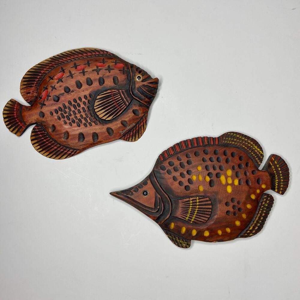 Set of 2 Dominican Handmade Painted Wooden Fish Wall Decor